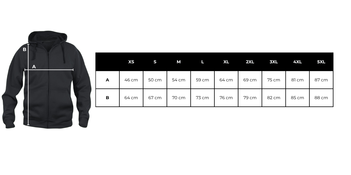 Size chart NW021034 basic zip hoodie