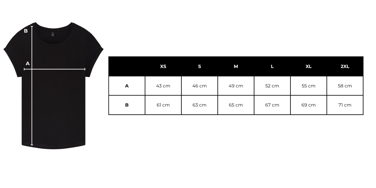 Size chart EP16 women's rolled sleeve t-shirt