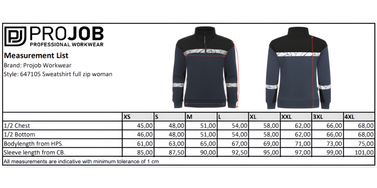 Size Chart 647105 Sweatshirt full zip woman