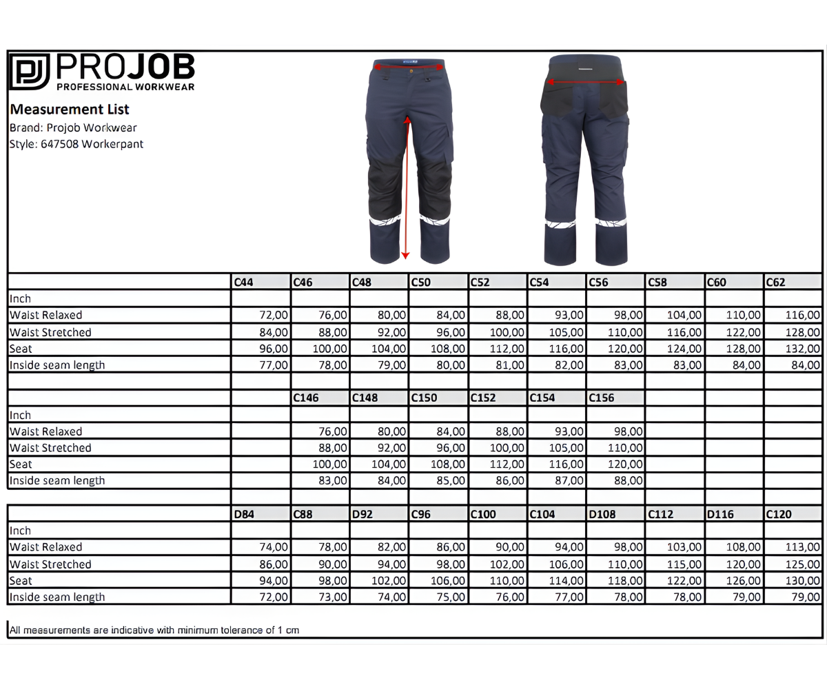 Size Chart 647508 Workerpant