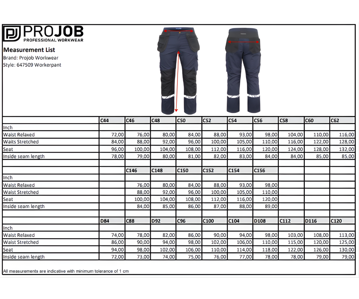 Size Chart 647509 Workerpant